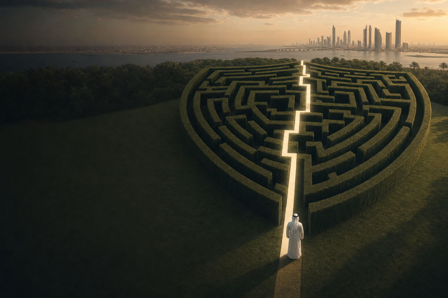 Emirati leader entering a monumental shield-shaped maze overlooking Abu Dhabi