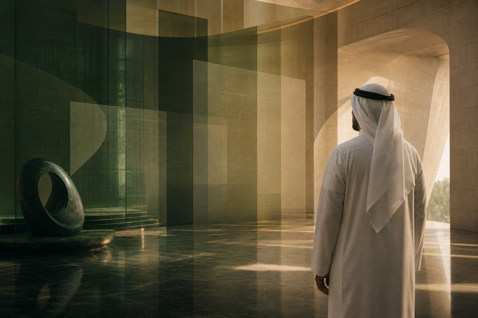 Emirati banking leader reviewing transparent information panels