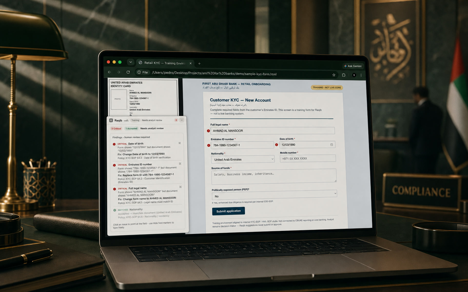 Raqib reviewing a live KYC form and matching Emirates ID evidence